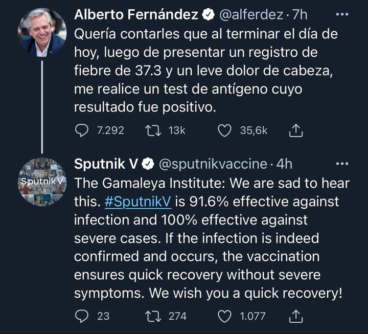 El tuit de Sputnik V al presidente: “La vacunación garantiza una recuperación rápida”