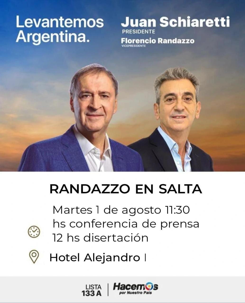 Florencio Randazzo, vice de la fórmula presidencial, «Hacemos por nuestro país», llega a Salta